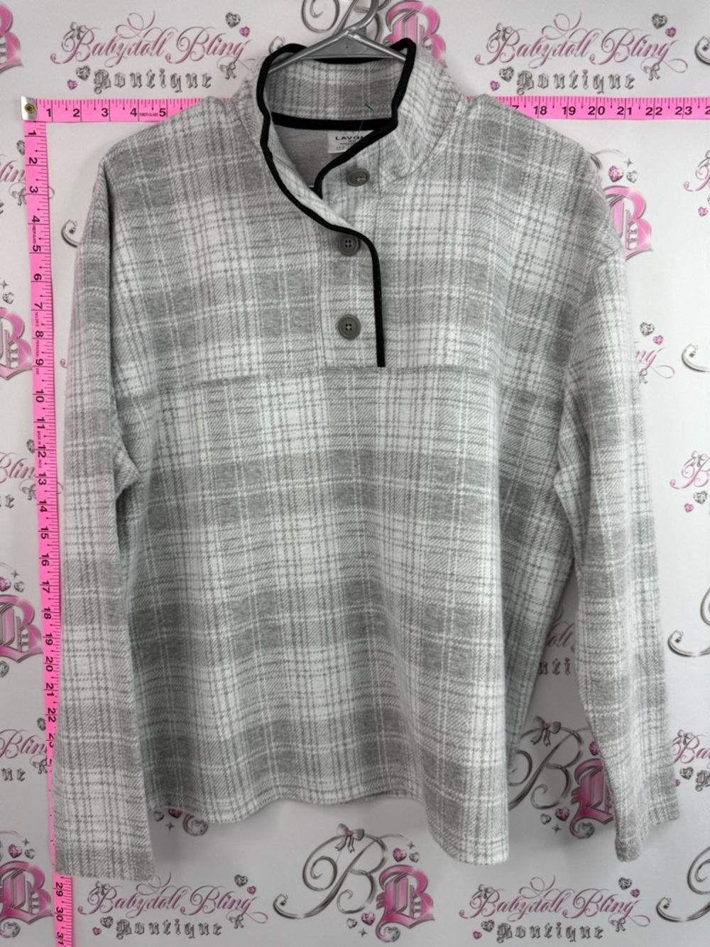Lavon sweater collared buttons Grey Plaid Button Pullover with Contrast Trim
